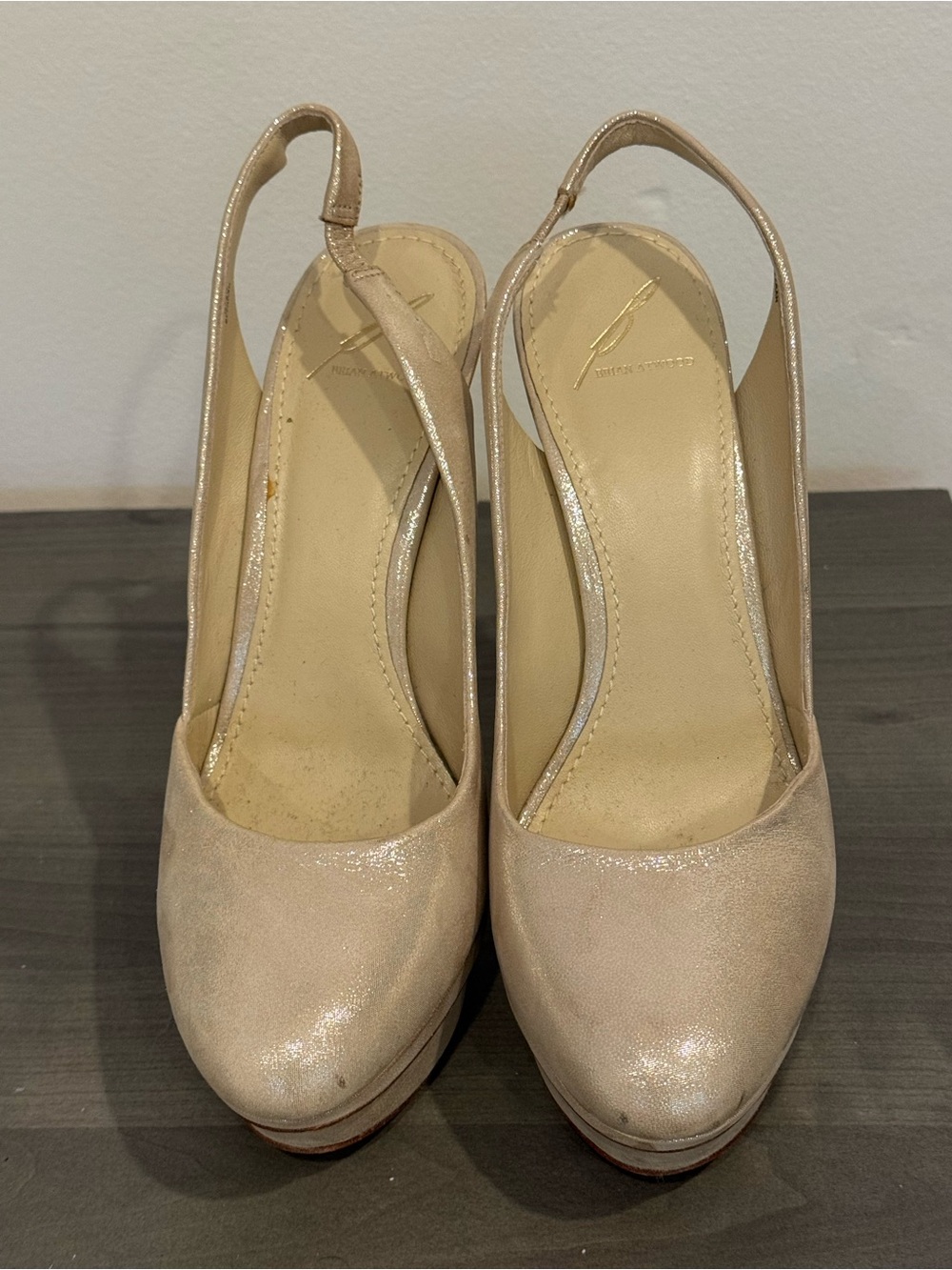 B. Brian Atwood Nude/Champagne Slingback Platform Heels